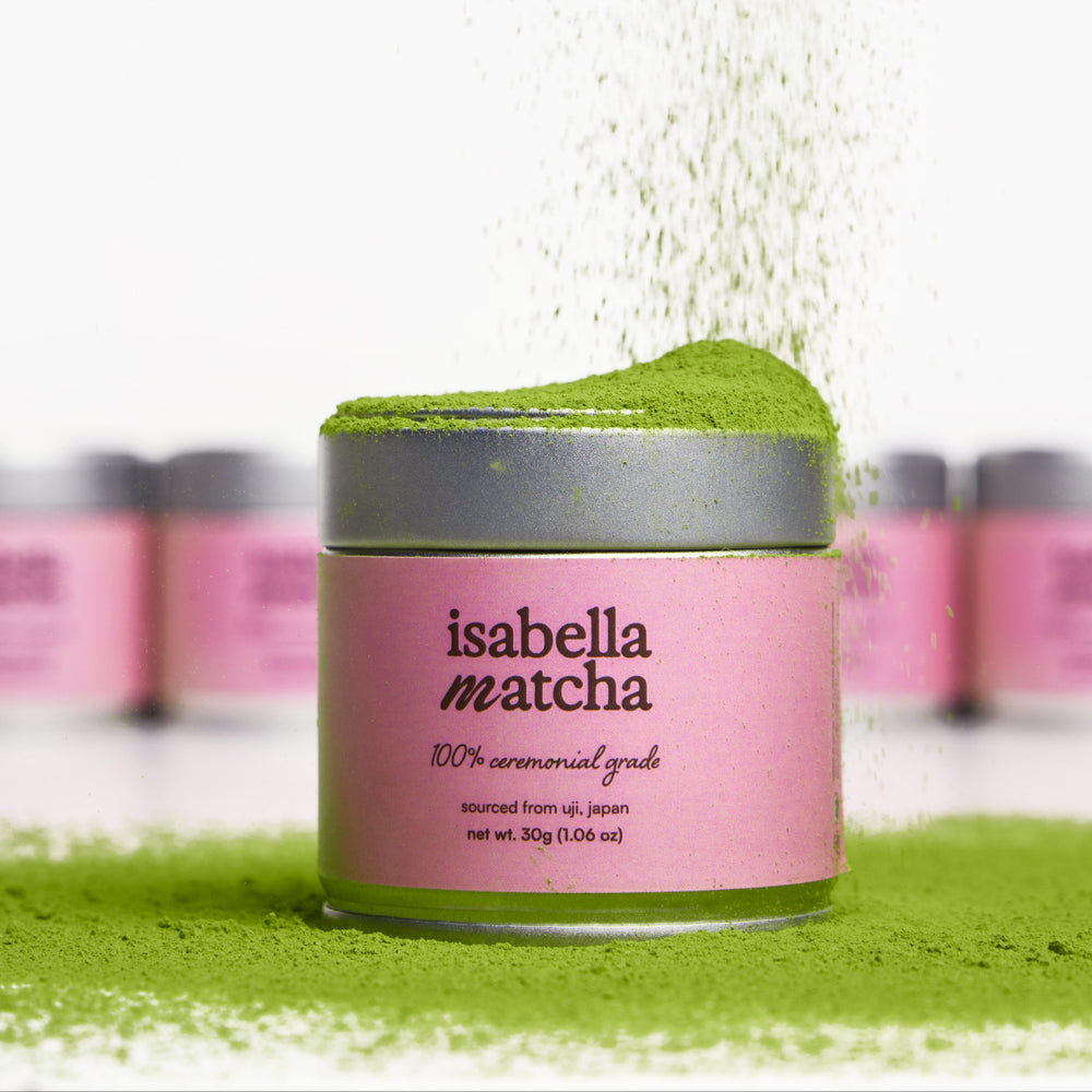 Jar of Isabella Matcha green powder with a white background